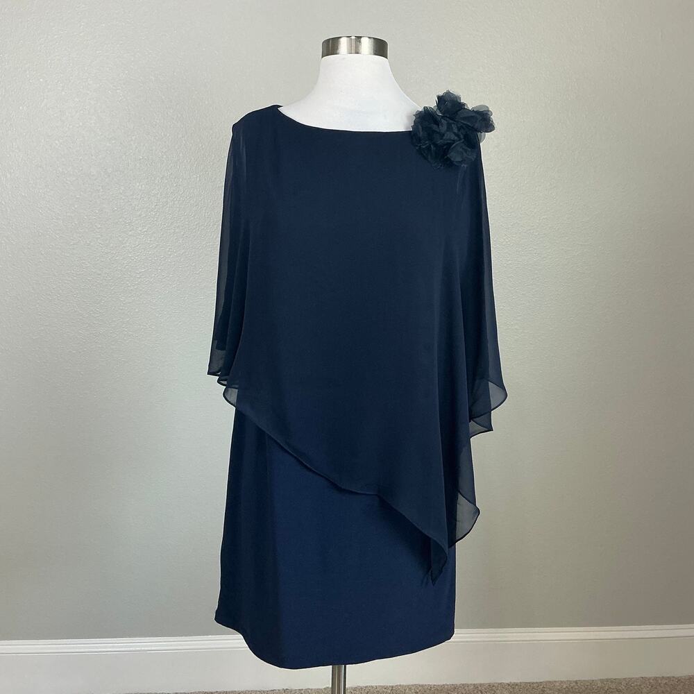 XSCAPE Chiffon Overlay Knit Sheath Embellished Cocktail Dress Navy Blue Size 10 - Picture 2 of 12